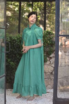 Venus Nap Dress in Emerald Gauze Linen – Luxe Provence - Slow Fashion from the South of France Elegant Nightgown, Nap Dress, Linen Gauze, Provence Style, Art Research, Vintage Nightgown, Slow Fashion Brands, Linen Color, Clothing Summer