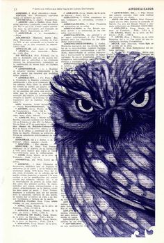 an owl with big eyes is on top of a book page that has words written in it