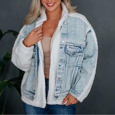 Sherpa Denim Jacket Lightwashed. Slightly Oversized Or “Relaxed Fit”. Selling Because It’s Too Big On My But It’s So Cute! I Paid Full Price $110 Plus Shipping & Taxes. Oversized White Denim Jacket, Sherpa Denim Jacket, White Denim Jacket, White Denim, Coats Jackets Women, Jean Coat, Jean Jacket, So Cute, Coats For Women