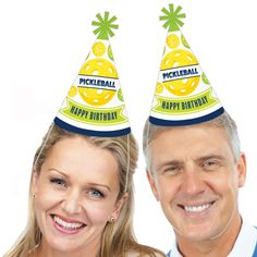 a man and woman wearing birthday hats with the words pickleball on top of them