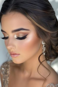 Sparkly Wedding Eye Makeup, Bronze Eye Makeup Wedding, Bride Makeup Gold Eyes, Full Face Bridal Makeup, Makeup For Tan Dress, Bridal Makeup Romantic Glam, Day Glam Makeup Looks, Wedding Makeup For Bride Blue Eyes, Bridesmaid Makeup For Black Dress