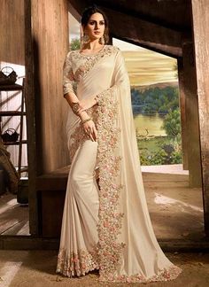 Beige With Golden Pallu Embroidered Designer Saree Golden Saree, Designer Sarees Wedding, Designer Embroidery, Fancy Sarees Party Wear, Saree Gown, Gaun Fashion, Saree Designs Party Wear, Party Wear Saree, Satin Saree