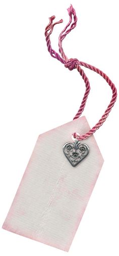 a tag with a heart on it is attached to a string that has a pink and white striped cord