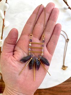 "This is a very long, bohemian style, ladder pendant necklace that includes approximately 26\" of chain and a 3\" long pendant. It features raw amethyst spike beads, tiny gold miyuki beads, chevron amethyst gemstone beads, gold plated triangle pendants, and brass vertical beads. The closure is a 18k gold plated lobster claw. This necklace looks great on its own or layered with the other necklaces I designed for this collection. You can view the entire collection by visiting my Amethyst shop sect Bohemian Metal Crystal Necklace With Adjustable Chain, Bohemian Necklace With Long Drop And Adjustable Chain, Bohemian Necklace With Adjustable Long Drop Chain, Bohemian Long Drop Necklace With Adjustable Chain, Bohemian Crystal Pendant Necklaces With Adjustable Chain, Long Crystal Necklace With Adjustable Chain, Bohemian Crystal Necklace With Adjustable Chain, Bohemian Long Dangle Necklace With Adjustable Chain, Bohemian Metal Crystal Necklaces With Natural Stones