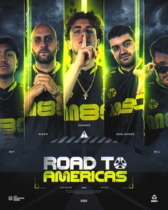 the poster for road to america shows three men in black shirts with neon lights behind them