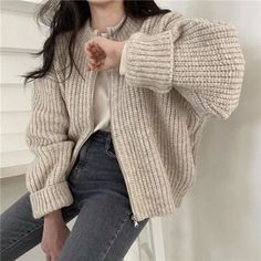 Material: Polyester, Acrylic Loose Knit Cardigan, Áo Len Cardigan, Zippered Cardigan, Knitting Women Cardigan, Women Sweaters Winter, Zippered Sweater, Grey Outfit, Estilo Chic, Knitted Tops