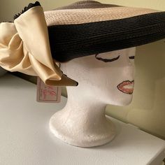 This Is A Truly Stunning Find. It Is New With Tags Never Worn Black Tan Brown And Has A Gold Satin Bow With Scalloped Trim. See Pics And Please Take Time To Look At All Of The Hats In My Collection. Fitted Retro Cream Hat, Retro Fitted Cream Hat, Retro Cream Hat, Retro Fitted Hats For Spring, Retro Fitted Hat For Spring, Fitted Lined Hats For Kentucky Derby, Fitted Vintage Beige Hat, Brown Evening Hat For Summer, Brown Summer Evening Hat