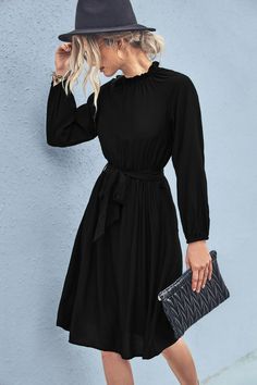 Belted Frill Neck Long Sleeve Dress Casual Dress Patterns, Elegant Dresses Short, Knee Stretches, Surplice Dress, Style Noir, Layer Dress, Ribbed Dresses, Chiffon Maxi Dress, Puffed Sleeves Dress