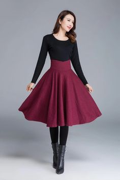 High waist swing wool skirt 1678# – XiaoLizi Wine Red Skirt, Pleated Skirts Knee Length, Sewing Skirt, Skirt Diy, Pencil Skirt Casual, Skirt Wool, Sweater Dress Outfit, Tailored Clothes, Skirt Knee Length