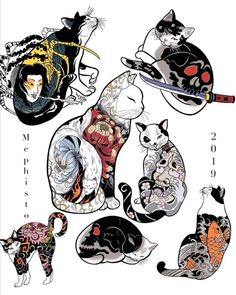 an image of cats with different designs on their body and back side, all in different colors