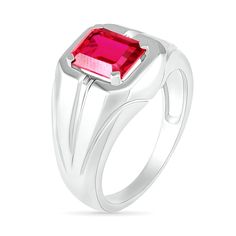 Vibrant and inviting, this men's fashion ring resonates with modern appeal. Crafted in sterling silver, this style showcases a 9.0 x 7.0mm emerald-cut bright red lab-created ruby - wrapped in a polished rectangle-shaped frame. Grooved details create a split-shank look and glisten along the outside edges for added depth and interest. Buffed to a brilliant luster, this ring is sure to stand out. Formal Sterling Silver Signet Ring With Rectangular Stone, Modern Signet Ring With Rectangular Stone And Polished Finish, Classic Ruby Ring With Polished Rectangular Finish, Classic Ruby Ring With Rectangular Polished Finish, Classic Rectangular Ruby Ring With Polished Finish, Modern White Gold Rings With Rectangular Stone, Modern White Gold Ring With Rectangular Stone, Modern White Gold Ruby Ring For Formal Occasions, Modern White Gold Octagon Ring