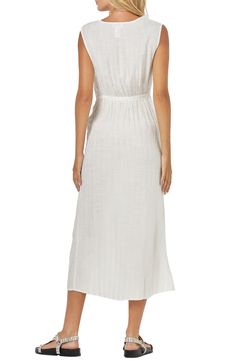 Move stylishly from pool to bar in this breezy cotton-kissed cover-up styled in a sleeveless silhouette. 51" length (size Medium) V-neck Sleeveless Unlined 85% viscose, 15% cotton Hand wash, line dry Imported Breezy V-neck Beach Dress For Daywear, Casual Linen V-neck Beach Dress, Cotton V-neck Beach Dress For Day Out, Sleeveless Unlined Dress For Beach Cover-up, Summer V-neck Cover-up For Daywear, V-neck Cotton Cover-up For Day Out, Cotton V-neck Cover-up For Day Out, Breezy Sleeveless Maxi Dress For Poolside, Breezy Sleeveless Unlined Maxi Dress