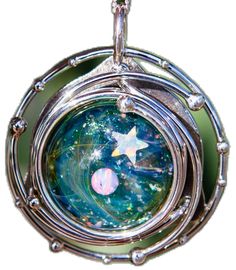 Celestial Iridescent Round Jewelry, Handmade Silver Cosmic Jewelry, Unique Silver Orb-shaped Jewelry, Celestial Style Silver Opal Jewelry, Celestial Silver Opal Jewelry, Celestial Silver Jewelry With Cabochon, Silver Celestial Jewelry With Cabochon, Celestial Sterling Silver Oval Pendant Jewelry, Silver Opal Fusion Jewelry