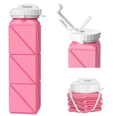 a pink water bottle with two straws in the top and one on the bottom