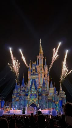 the castle is lit up at night with fireworks