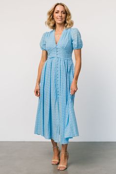 Esther Eyelet Midi Dress | Blue - Baltic Born Eyelet Midi Dress, Sky Blue Dress, Dress Puff Sleeve, Dresses Maternity, Midi Dress Blue, Dresses Holiday, Baltic Born, Sky Blue Color, Dresses Wedding Guest