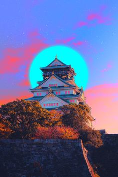 an image of a castle that is in the sky with trees and bushes around it