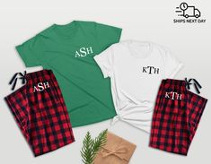 "➽ Price for 1 Pajama Set (1 shirt and 1 pants in total) ➽ Add each Set separately to your shopping cart. Celebrate this Christmas with these beautiful Monogrammed Matching Pajamas for couple. They make the perfect outfit for your Christmas Family Photos. Mix and Match the shirt's color by your choice! For any Special request, please leave us a note \"note to seller\" before your final check out ! Or simply send us a message with your questions! HOW TO ORDER: 1. Select Shirt Color + Size from th Casual Cotton Sleepwear For Gift, Casual Green Holiday Sets, Casual Cotton Sets For Holiday, Casual Cotton Holiday Sets, Green Cotton Sets For Holiday, Casual Cotton Holiday Sleepwear, Couple Honeymoon, Honeymoon Outfits, Adult Pajamas