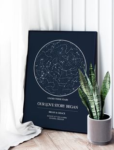 a poster with the stars in the sky on it next to a potted plant