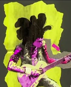 a woman with an electric guitar in front of a green and yellow background that has flowers on it