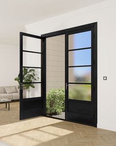 an open door leading to a living room with a plant in the corner and a couch on the other side