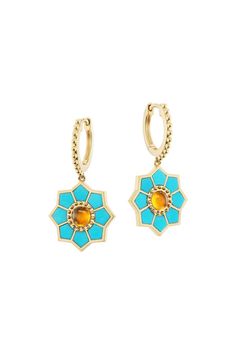 ORLY MARCEL-FEZ TURQUOISE HUGGIE EARRINGS-YELLOW GOLD Turquoise Huggie Earrings, Gold Outfit, Marissa Collections, Huggie Earrings, Floral Jewellery, 8 Weeks, Huggies Earrings, Yellow Color, Citrine