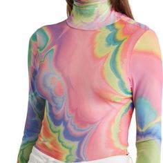 Brand: Afrm Pink Rainbow Print Top For Summer, Summer Pink Tops With Rainbow Print, Fitted Rainbow Top For Spring, Trendy Pink Top With Rainbow Print, Pink Tops With Rainbow Print For Spring, Pink Rainbow Print Top For Spring, Spring Pink Tops With Rainbow Print, Swirl Tie Dye, Mesh Crop Top