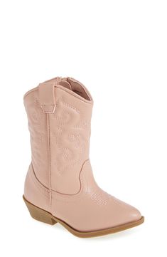 Detailed with Western-inspired stitching this irresistible cowboy boot will have your little one repeating 'yee-haw' all day long. 1 1/2" heel (size 4) 9" shaft Synthetic upper and lining/rubber sole Imported Kids' Shoes Yee Haw, Cowboy Boot, Pink Blush, Boys Shoes, Little One, Cowboy Boots, Blush Pink, Kids Shoes, Nordstrom Rack