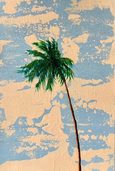 a painting of a palm tree on a blue and beige background