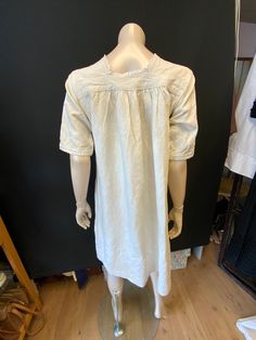 "Antique 1800s French traditional linen hemp nightdress/ smock or shift dress with embroidered monogram in red. Bust size 36/38\" The monogram, JB is nicely worked. The shift has a square neckline edged in picot lace, and has a lace edged front placket that fastens with two small buttons. Gathered onto the yoke both front and back to give fullness. Short lace edged sleeves. The, the fabric is sturdy and durable, but still feels a little coarse, that indicates the lack of use, as hand loomed line Peasant Style Short Sleeve Day Dress, Peasant Linen Dresses For Daywear, Peasant Style Short Sleeve Dress For Daywear, Victorian Cotton Prairie Dress For Daywear, Victorian Cotton Daywear Dress, Daywear Linen Dress With Broderie Anglaise, Linen Broderie Anglaise Dress For Daywear, Vintage Cotton Tunic Dress, Linen Dress With Broderie Anglaise For Daywear