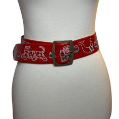 Circus Themed Vintage 1950's Belt With Painted Elephants Tigers Lions Seals. Red With White Blue Green. As Is - Separating At Tip But In Overall Good Condition. Could Possibly Be Glued, But Definitely Wearable As-Is Measurements: Total Length: 39.5" Waist Size: 26.5 - 33" Width: 2" Please Note: Household Contains Cats. All Items Are Sold As Is - However, We Do Our Best To Document All Imperfections. Reasonable Offers Welcomed. Vintage Vtg 50s 50's 1950s 1950's Retro Vintage Circus Elephant Seal Tiger Lion Ring Master Zoo Animals Vintage Embroidered Festival Belt, Wolf Circus Jewelry, Painted Elephants, Vintage Red 5-panel Hat, Vintage Adjustable Turquoise Belt, Vintage Red Enamel Earrings, Ring Master, Elephant Seal, Lion Ring