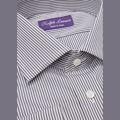 Ralph Lauren "Aston" dress shirt in mini bengal stripes  Spread collar with signature collar stays Buttoned placket Long sleeves with buttoned barrel cuffs Genuine mother-of-pearl buttons Pleated back yoke ensures smooth, contoured shoulders 120s- and 140s-quality, two-ply cotton Machine washable Made in Italy Elegant Striped Button-up Dress Shirt, Striped Business Shirt With Button Cuffs, Fitted Dress Shirt With Striped Spread Collar, Classic Pinstripe Business Casual Shirt, Pinstripe Dress Shirt With Striped Collar For Business, Pinstripe Business Shirt With Spread Collar, Classic Striped Dress Shirt For Business Casual, Pinstripe Dress Shirt With Spread Collar For Business, Business Pinstripe Dress Shirt With Spread Collar