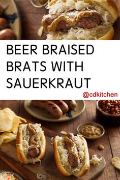 beer braised brats with sauerkraut on a cutting board next to other sausages