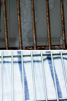 there are two pictures of metal bars on the wall and one has water in it