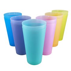 six different colored plastic cups lined up in a row