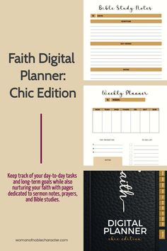 the faith digital planner is shown in three different colors and font, along with an image of