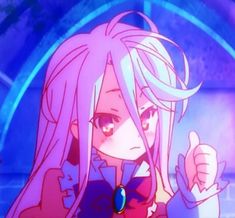 an anime character with long pink hair giving the thumbs up sign in front of her