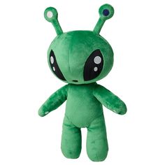 a green stuffed animal with big eyes