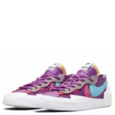 Nike Mens Blazer Low Sacai Kaws Sneakers Purple Leather Casual Skate Shoes, Casual Purple Leather Skate Shoes, Purple Low-top Sneakers With Gum Sole, Purple Leather Sneakers With Gum Sole, Purple Sporty Sneakers With Vulcanized Sole, Purple Low-top Skate Shoes With Vulcanized Sole, Nike Slip-on Sneakers With Contrast Sole, Purple Slip-on Sneakers For Streetwear, Nike Slip-on Skate Shoes With Boost Midsole