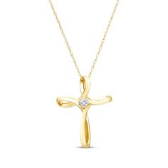 This beautiful ribbon cross necklace is an elegant expression of belief. Crafted in 14K yellow gold A diamond accent in a white rhodium prong setting twinkles at the center The pendant suspends along an 18-inch rope chain that secures with a spring ring clasp Gold Jewelry With Diamond Accents Cross Pendant, Gold Cross Necklace With Diamond Accents, Fine Jewelry Yellow Gold Cross Pendant Diamond Necklace, Yellow Gold Cross Pendant With Diamond Accents, Cross-shaped Yellow Gold Diamond Necklace, Ribbon Cross, Accessories Jewelry Necklace, Rope Chain, Spring Rings