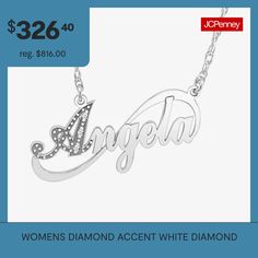 Included: 1 Necklace Chain(s)Features: PersonalizedDiamond Clarity: I1Jewelry Closure: Spring Ring ClaspLink Construction: SolidSetting: ProngStone Cut: RoundDiamond Color: H-IMetal Color: WhiteChain Length: 18 InchChain Width: 1.25 MillimetersPendant Length: 31.7mmPendant Width: 5.5mmRounded Carat Weight: Less Than 1/10 Ct.t.wChain Construction: RopeCare: Wipe CleanStone Type: 1 Genuine DiamondBirthstone: April BirthstoneMetal: Sterling SilverNecklace Type: Pendant NecklacesAssembled in the US… Formal Elegant Name Necklace With Diamond Accents, Luxury Silver Name Necklace With Diamond Accents, Elegant Silver Name Necklace With Diamond Accents, White Diamond Nameplate Jewelry, Silver Name Necklace With Diamond Accents For Anniversary, Elegant Nameplate Jewelry With Diamond Accents, Elegant Diamond Nameplate Jewelry, Elegant White Gold Name Necklace With Polished Finish, Personalized White Jewelry For Formal Occasions