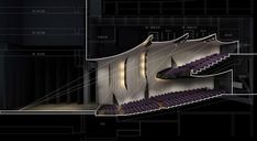 an architectural drawing of a theatre with purple seats and railings on each side, along with black walls