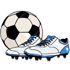 a soccer ball sitting next to a pair of white and blue shoes with spikes on them