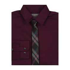 Elevate his formal wardrobe with this Van Heusen little and big boys' dress shirt and tie set. Made from a stretchy poplin cotton-blend, the shirt is cut for a regular-fit and has a point collar, long sleeves, and a button-down front. The tie is made from a woven fabric and attaches with a clip for easy dressing. # Pieces In Set: 2Included: 1 Clip-On Tie(s)2nd Piece Closure Type: Clip2nd Piece Fabric: Woven2nd Piece Fiber Content: 100% Polyester2nd Piece Care: Spot CleanFeatures: Stretch Fabric… Classic Fitted Shirt For School, Formal Purple Shirt For Fall, Purple Formal Shirt For Fall, Classic Purple Shirt For Fall, Dress Shirt And Tie, Shirt Tie, Easy Dressing, Van Heusen, Tie Set