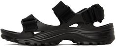 Recycled nylon webbing sandals in black. · Open toe · Velcro straps at vamp · Textile logo patch at outer side · Antibacterial molded EVA foam rubber footbed · Treaded rubber sole · Platform: H1.5 in Supplier color: Black Black Sandals With Rubber Sole For Outdoor Activities, Nylon Sport Sandals With Removable Insole For Streetwear, Black Sport Sandals With Rubber Sole For Outdoors, Nylon Sandals For Summer Streetwear, Nylon Open Toe Sandals For Streetwear, Sporty Nylon Sport Sandals With Rubber Sole, Nylon Sport Sandals With Cushioned Footbed For Streetwear, Cushioned Nylon Sport Sandals For Streetwear, Summer Streetwear Nylon Sandals