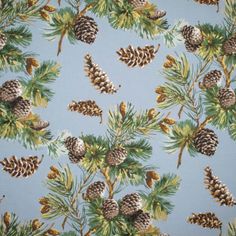 a blue wallpaper with pine cones and fir trees on the right side, against a light blue background