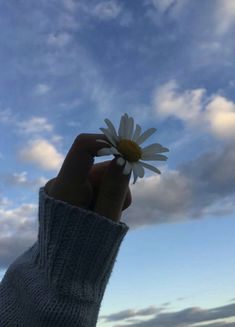 a person holding a flower up to the sky with clouds in the backgroud