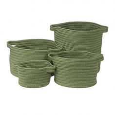 three green round baskets sitting next to each other