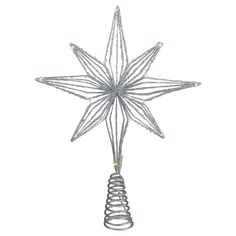 a silver star ornament with lights hanging from it's side on a white background