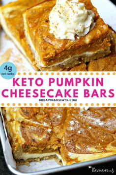 keto pumpkin cheesecake bars with whipped cream on top and in the background, there is